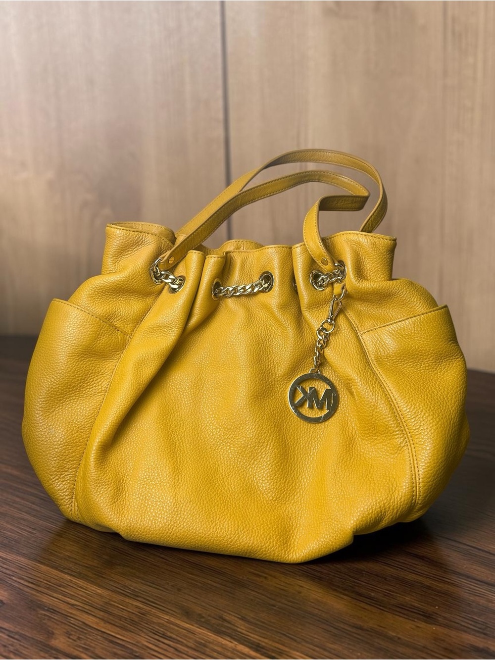 Michael Kors Yellow Pebbled Leather Drawstring Hobo Shoulder Bag